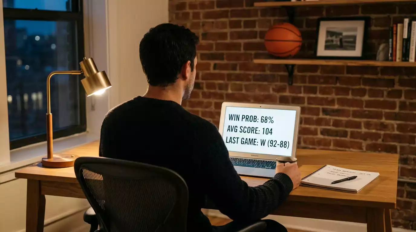 Punter reviewing NBA basketball betting odds on a laptop screen in a UK setting