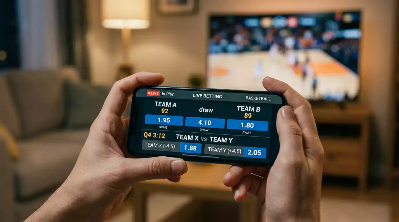 Person holding a smartphone displaying live in-play basketball betting odds during an NBA game